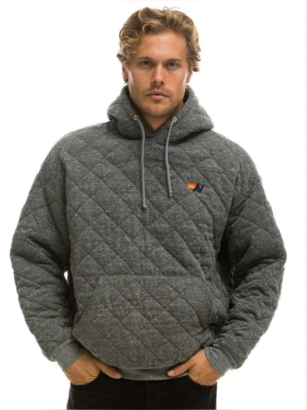 Aviator Nation Quilted Relaxed Hoodie Heather Grey XL